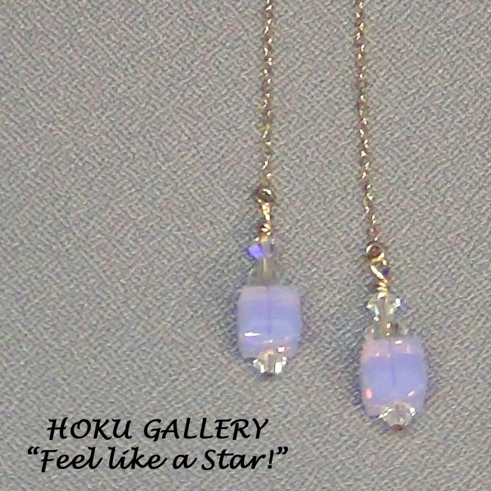 NWOT Earrings of Violet Crystal Cubes on 14k Gold Filled Threads, Handmade